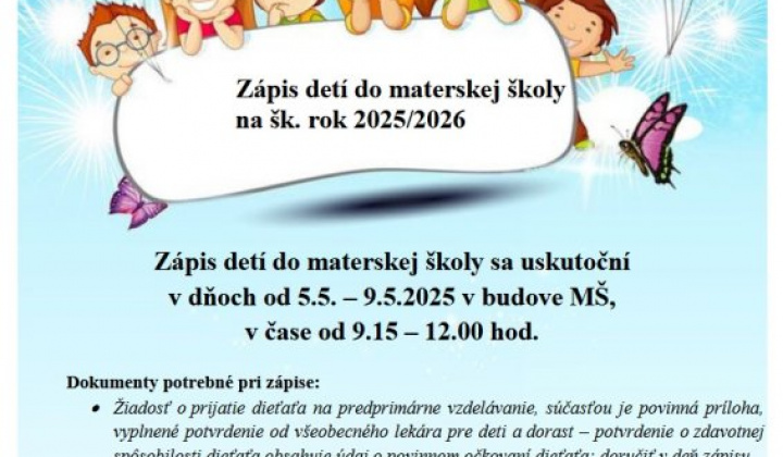 1. fotografia fotogalérie Aktuality / Zápis detí do materskej školy na šk. rok 2025/2026 - foto